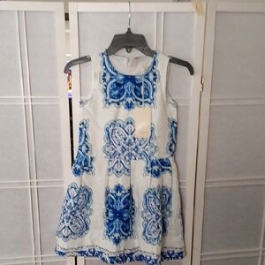 Pointtime Blue Bird Elegant Blue and White Patterned Dress